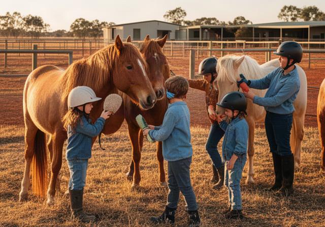 Children taking turns grooming horses near a working farm paddock in the Riverina