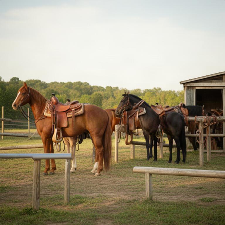 Saddled horses waiting in a yard before a guided ride