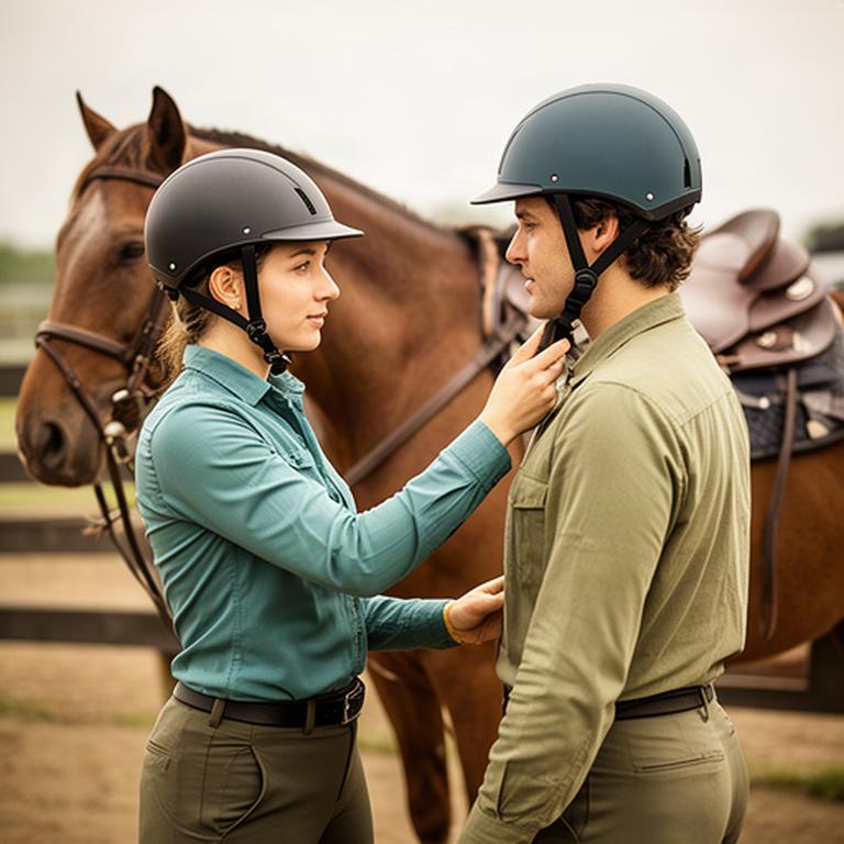 Guide checking a rider's helmet before a horse ride in the yard