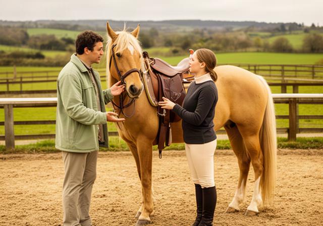Riding instructor discussing lesson options beside a saddled horse at a country property