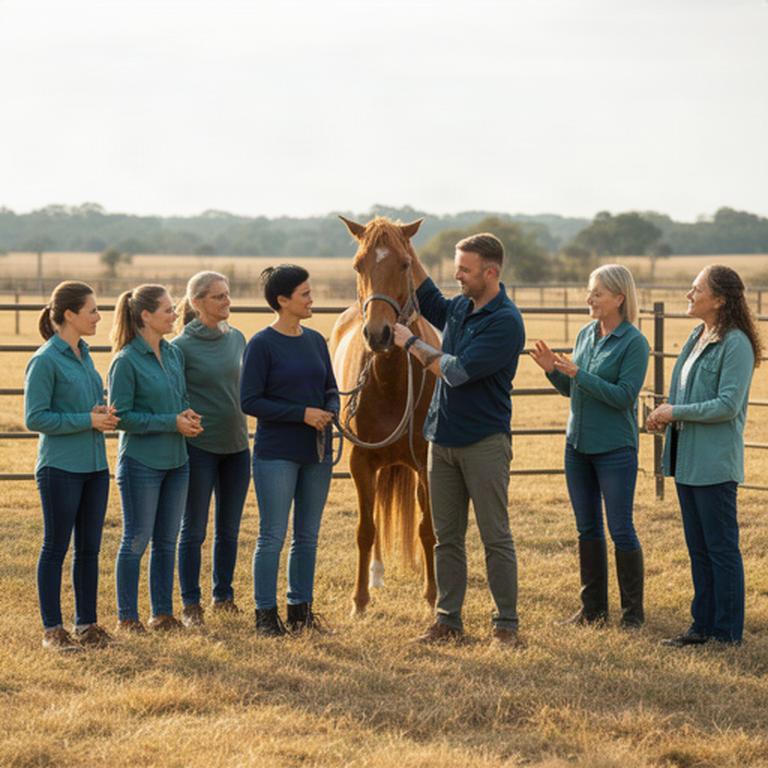 Small group watching a practical horse-care demonstration in an open paddock