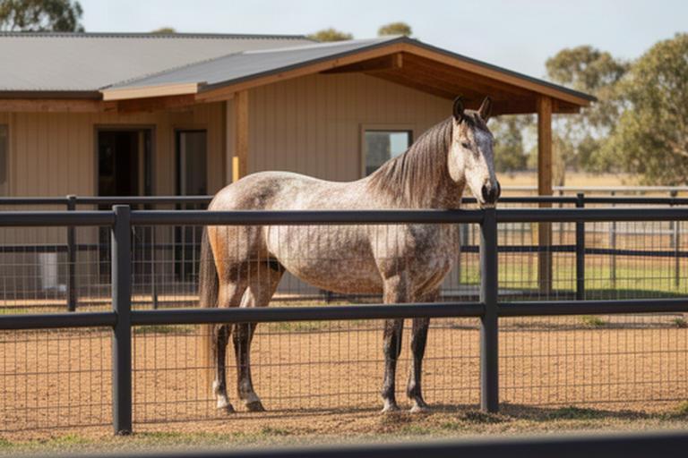 A horse in a secure yard beside rural accommodation in the Riverina