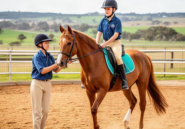 School-aged rider practising balanced reins with an instructor in a Riverina arena