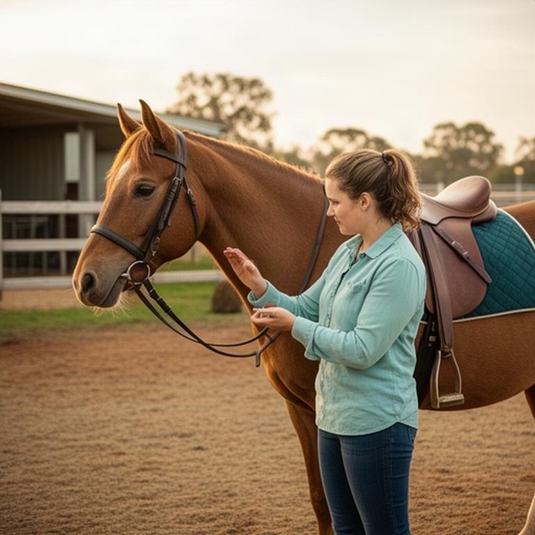 First-time rider receiving calm guidance beside a saddled horse in a farm yard