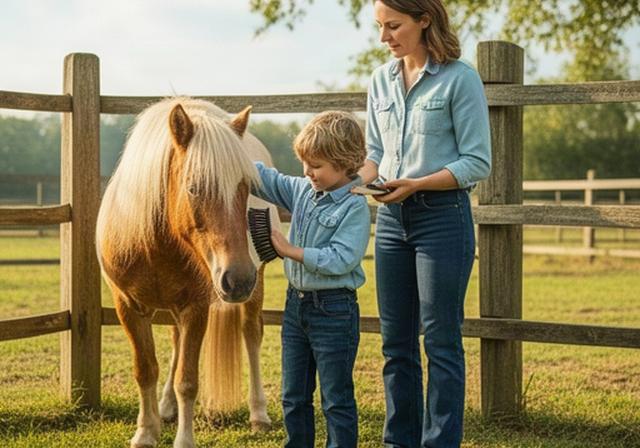 Young child learning to groom a quiet pony beside a fenced paddock