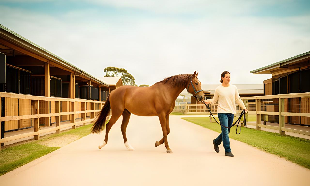 A calm horse being led at walking pace beside a wide, level stable path