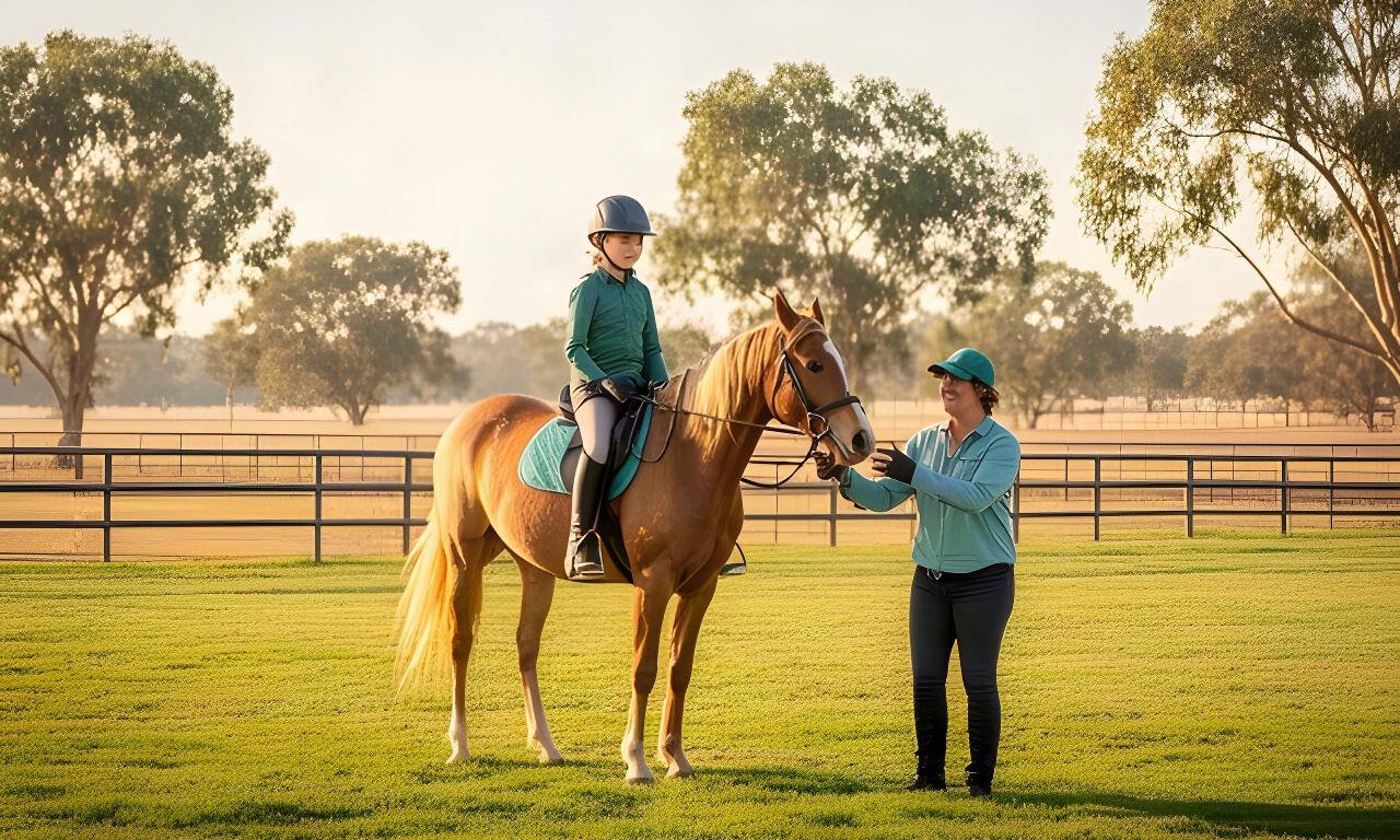 Beginner rider meeting a calm horse in a sunlit paddock near Leeton, New South Wales