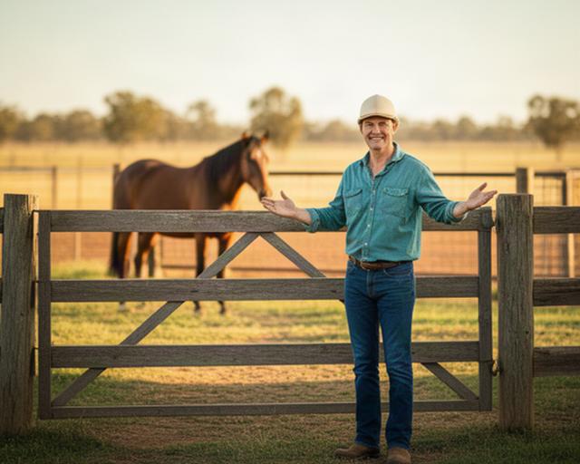 A local horse handler ready to welcome visitors at a Leeton property gate
