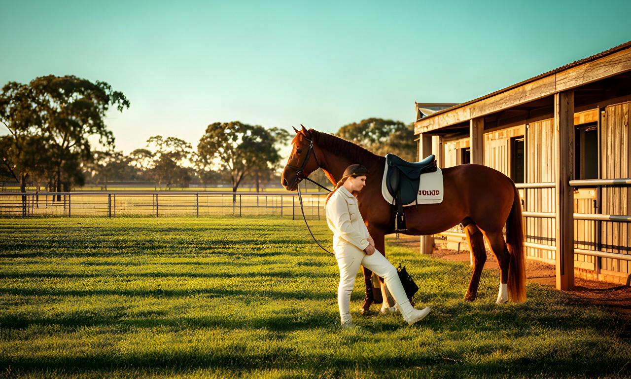 A rider and horse resting in a sunlit Riverina paddock beside the stable