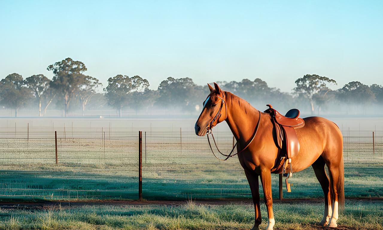 A saddled horse waiting beside a Riverina paddock on a clear morning