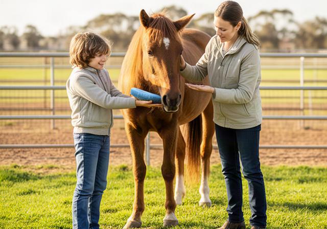 Child aged eight learning to groom a quiet horse with an instructor in a Riverina paddock