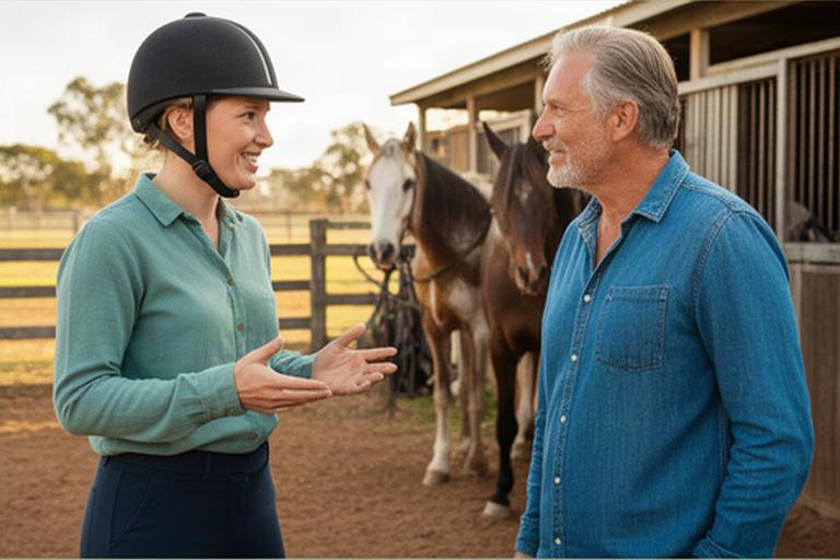 A rider speaking with a local horse handler beside the stable yard in Leeton