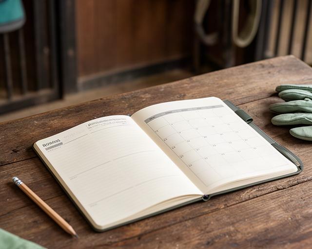 A notebook and booking calendar open on a wooden stable desk