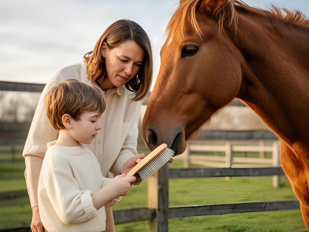 Parent and child gently brushing a horse during a supervised farm visit