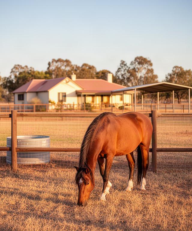 A horse grazing in a fenced paddock beside a rural stay near Leeton