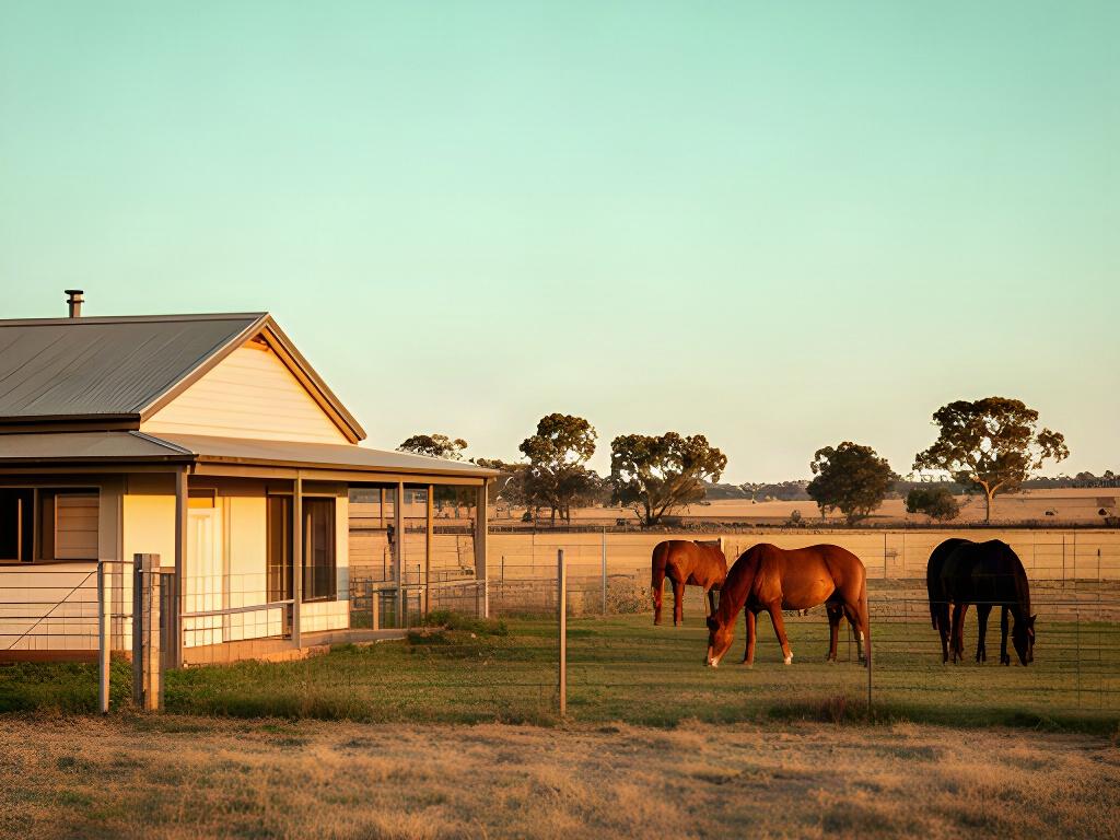 Quiet farm stay beside a paddock with horses grazing in the late afternoon