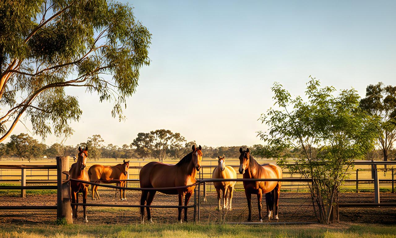 Horses standing beside a leafy farm paddock in warm late-afternoon light near Leeton