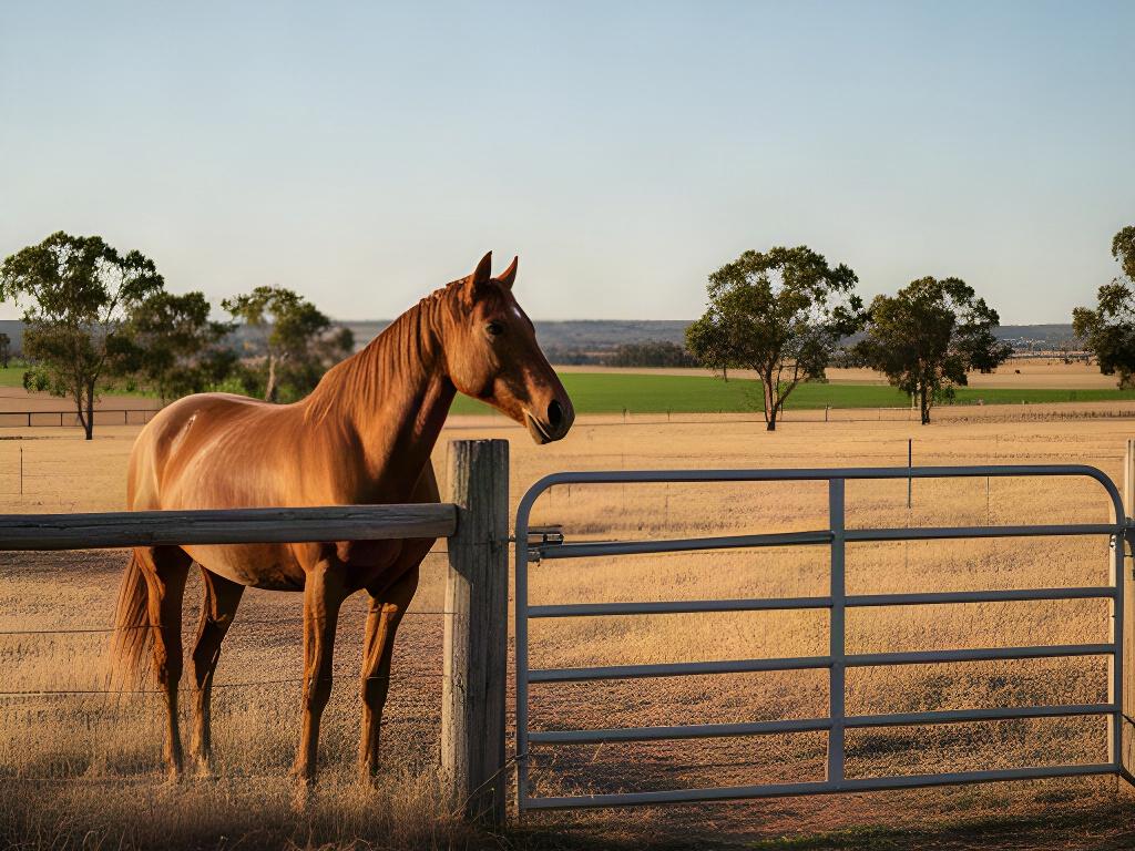 Horse waiting beside a farm gate on Gibbs Road outside Leeton