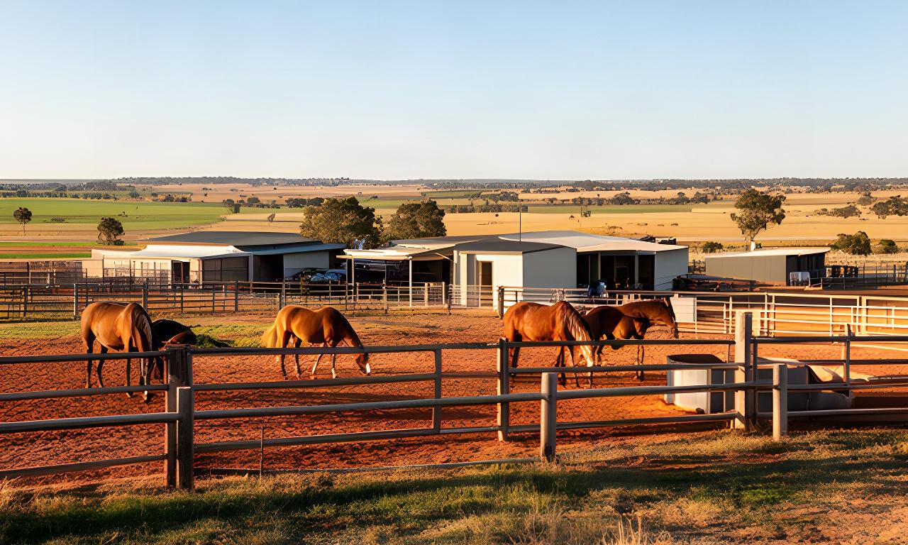 Working rural property on Gibbs Road with horse paddocks and the open Leeton district beyond
