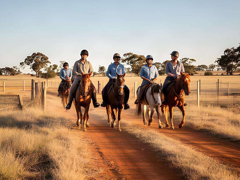 Small group of riders travelling across a broad farm track in the Riverina