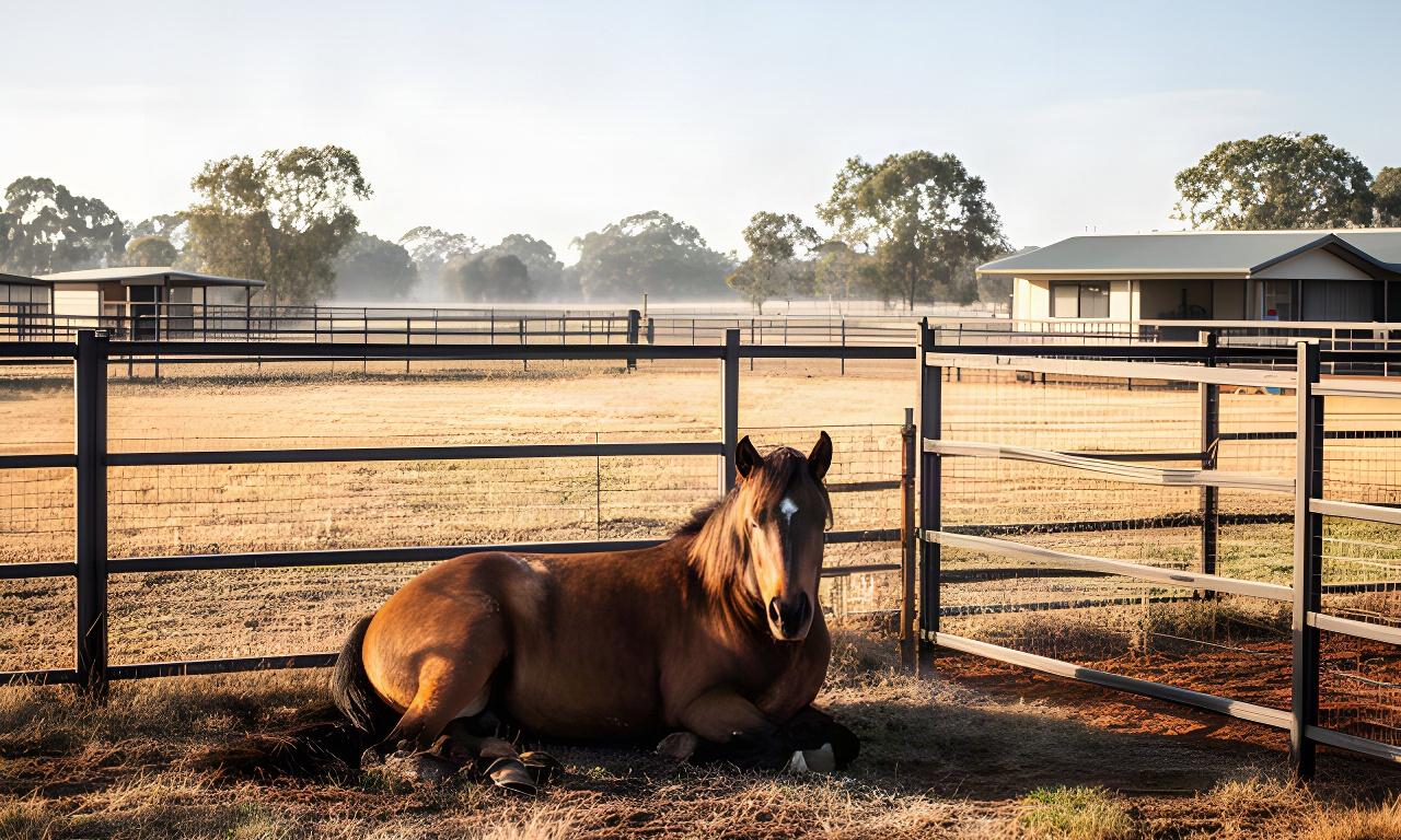 A horse resting in a fenced paddock on a rural Leeton property
