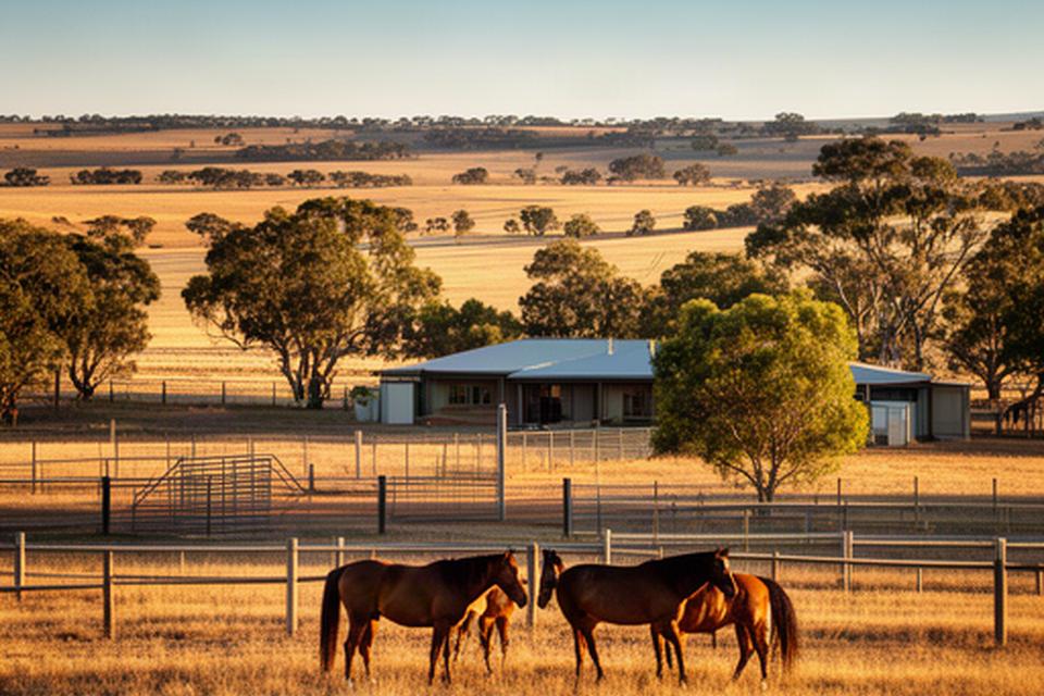 Sunlit Leeton property with horses in a paddock and open Riverina farmland beyond