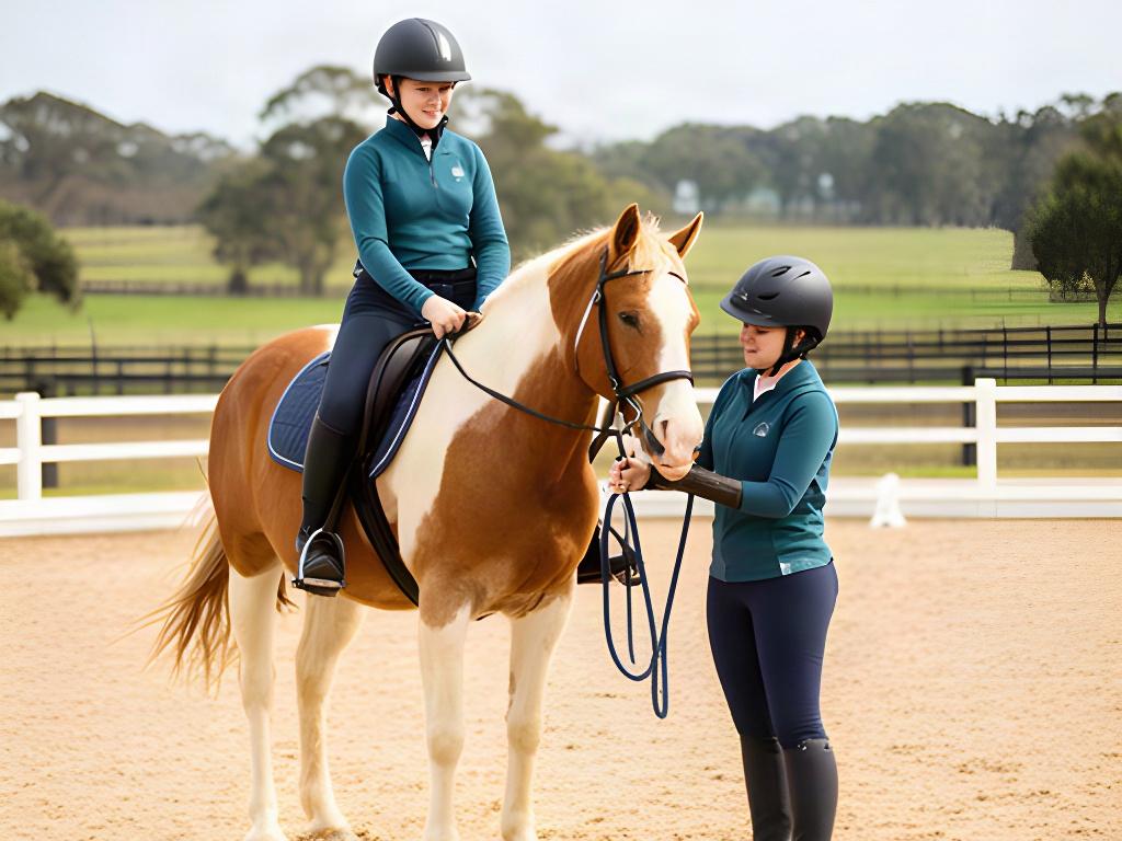 Riding instructor helping a beginner prepare a calm horse in a Leeton arena