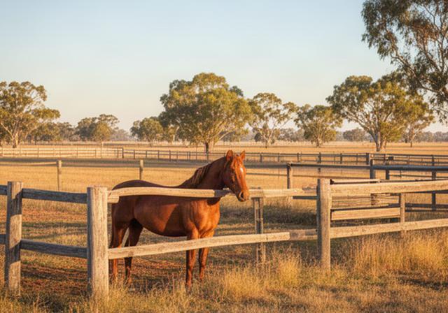 Horse waiting by a fenced paddock on a rural property near Leeton, New South Wales