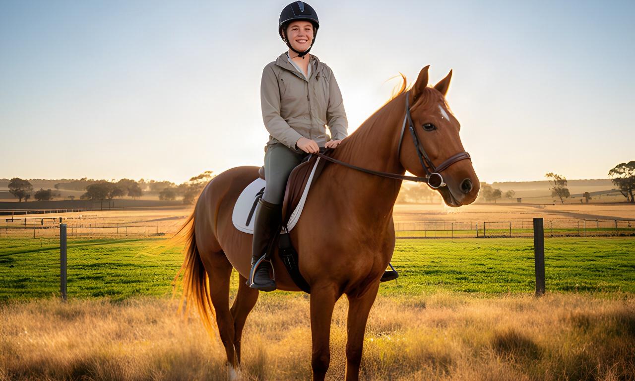 First-time adult rider sitting comfortably on a horse after a guided Riverina ride