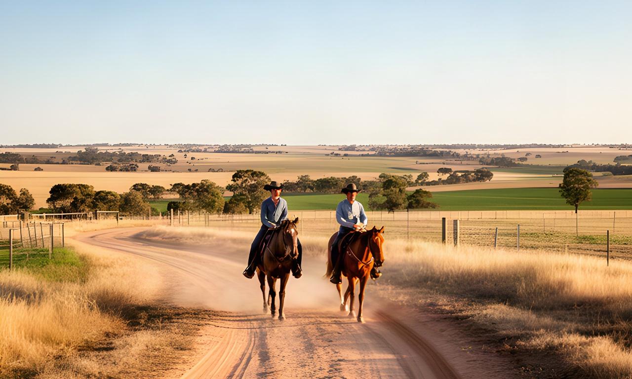 Two riders following a sandy track through open Riverina farmland near Leeton