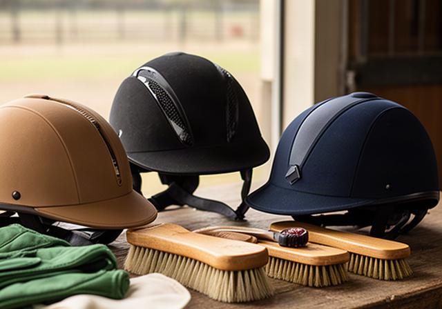 Riding helmets and grooming brushes ready for a children's school holiday horse session