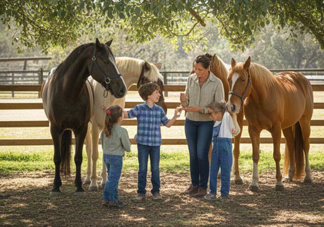 Parent and children meeting horses together in a shaded rural yard
