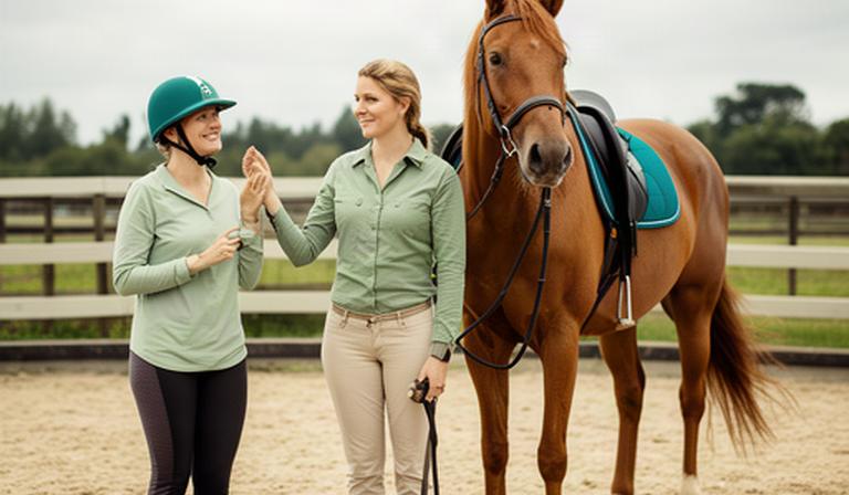 First-time rider standing with an instructor and horse before deciding whether to mount