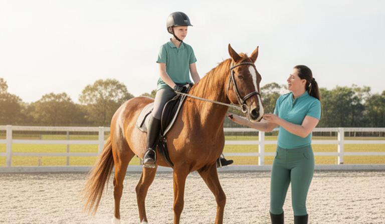 One-to-one riding lesson with an instructor beside a beginner rider in an open arena