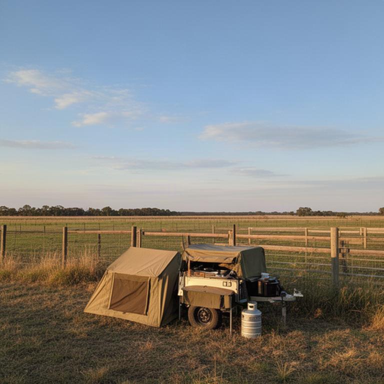 Self-sufficient camper set up beside a fenced paddock under a wide Riverina sky