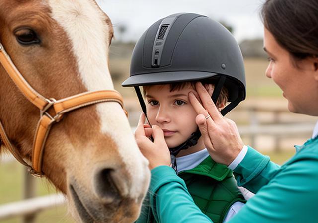 Instructor fitting a riding helmet for a child beside a horse before a lesson