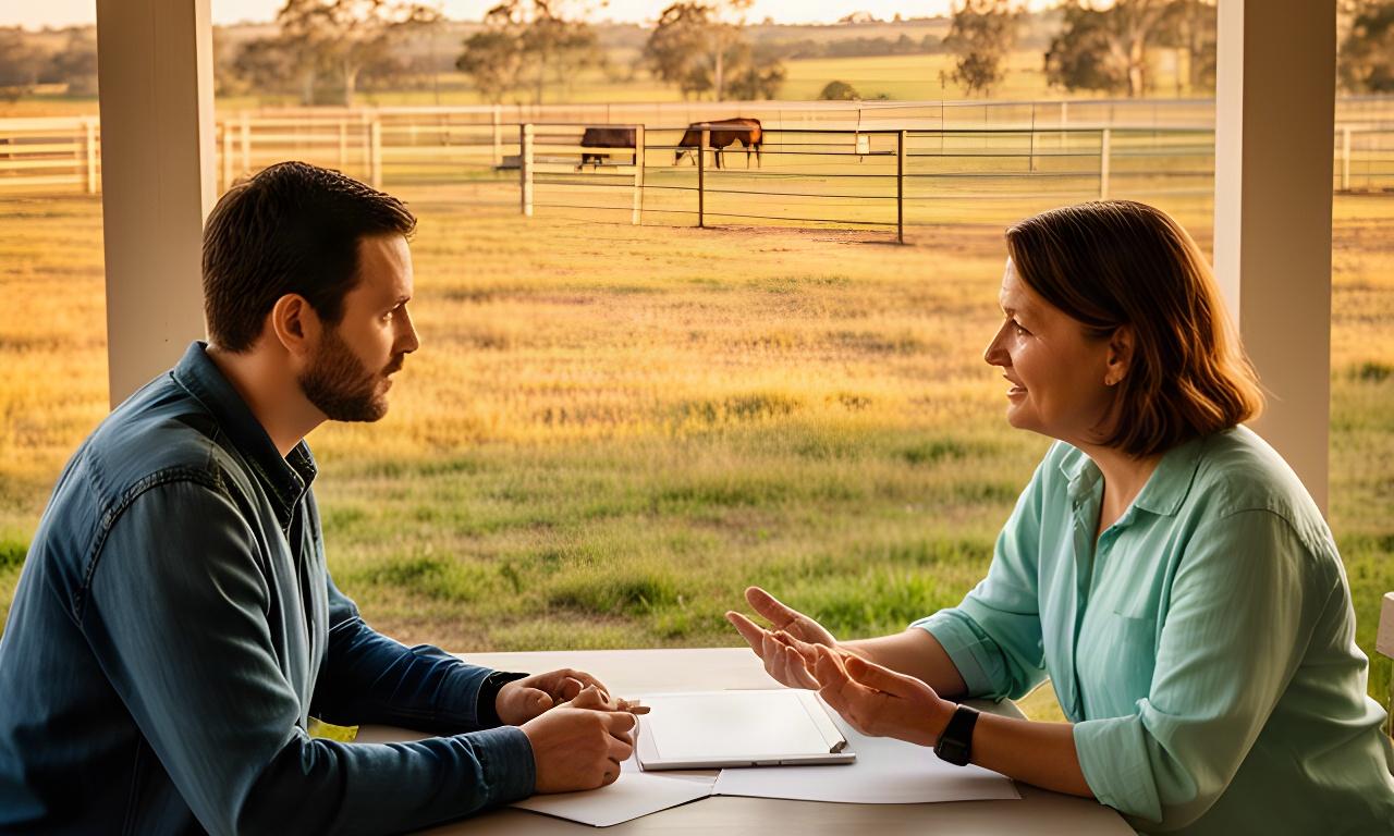A guest and business owner discussing a booking record at a table beside the paddock