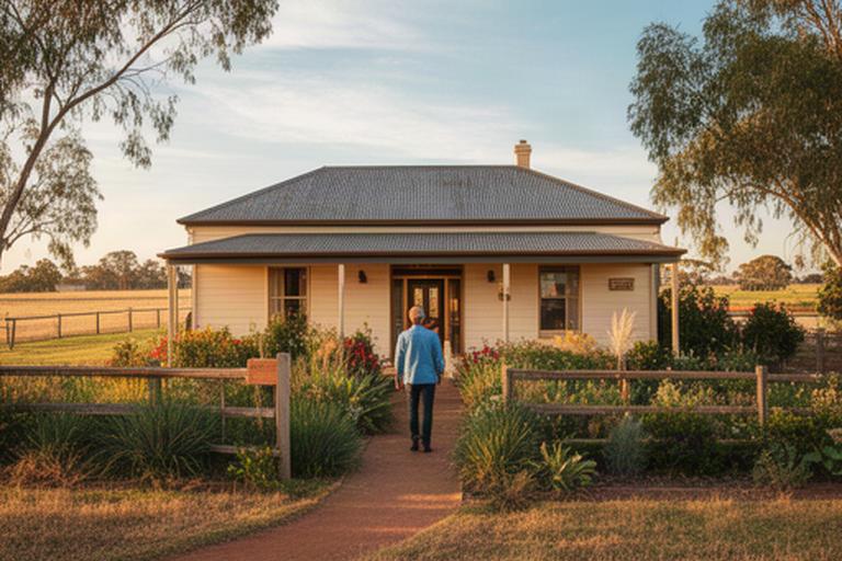 A visitor approaching a welcoming farmhouse entrance on Gibbs Road near Leeton