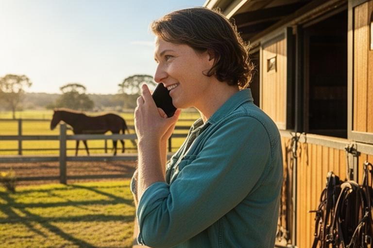 A person making a riding enquiry by phone near a sunlit stable yard