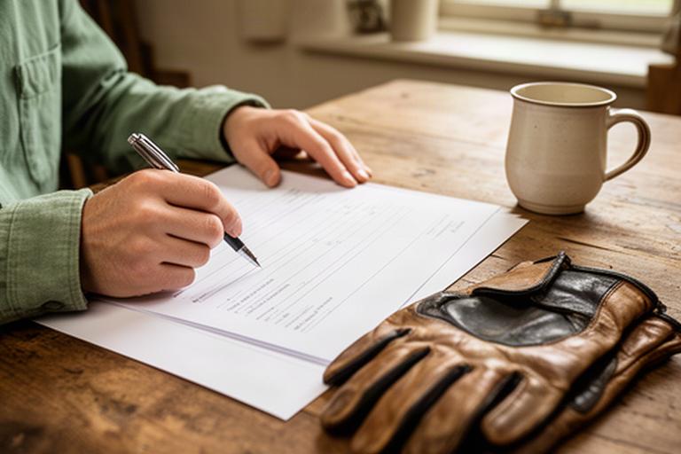 A visitor filling in a booking form at a farmhouse table with riding gloves nearby