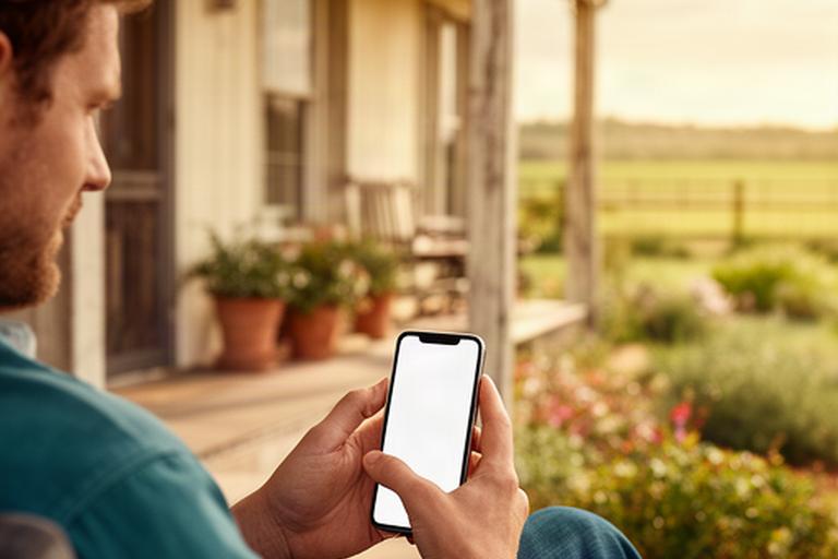 A guest checking an email on a phone while seated outside a country farmhouse