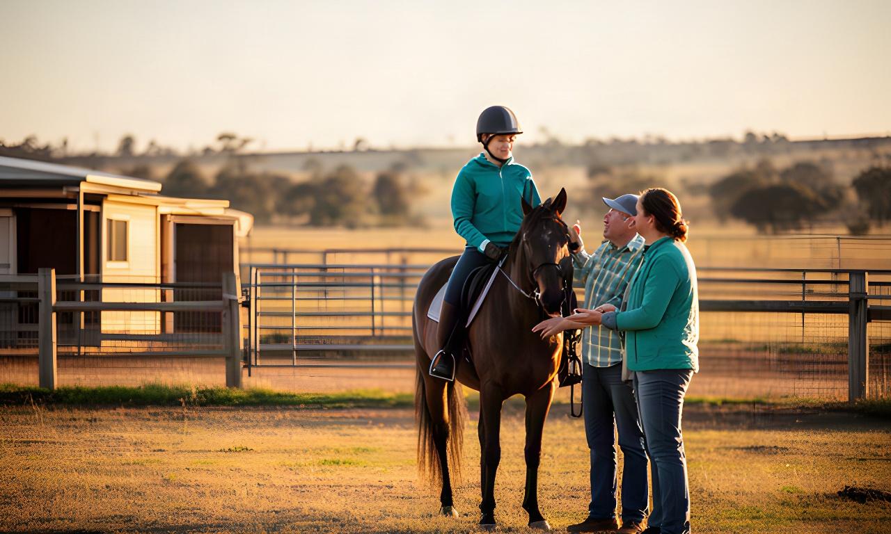 A rider speaking with a stable hand beside a quiet horse in the late afternoon light at a Riverina property