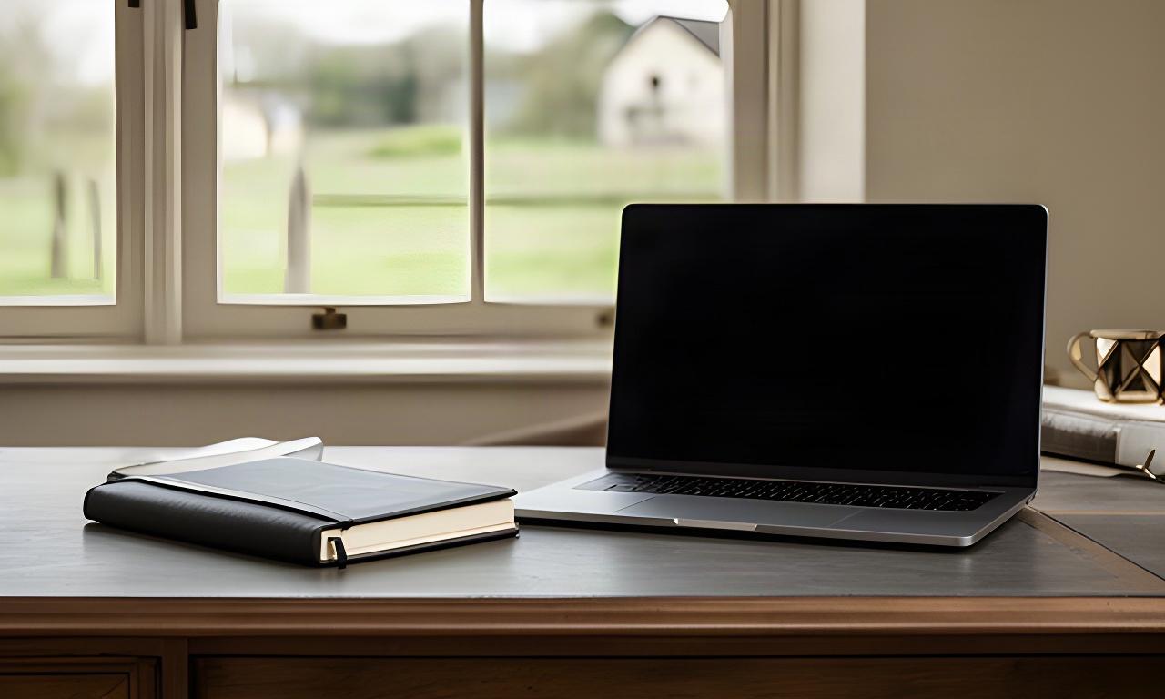 A closed notebook and a laptop on a tidy office desk inside a country property