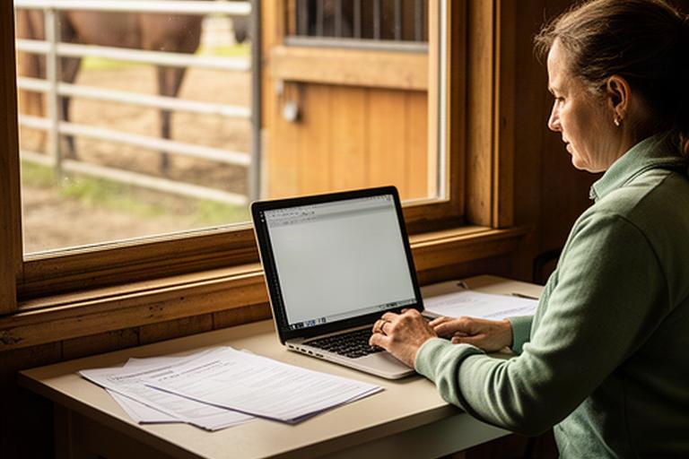 A small rural business owner reviewing booking notes at a desk near a stable window