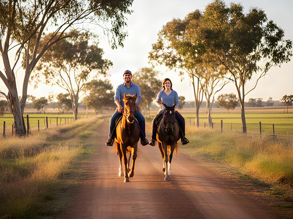 Couple riding side by side along a quiet country track near Leeton