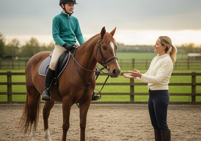 Rider and instructor working one to one beside a horse in a quiet outdoor arena
