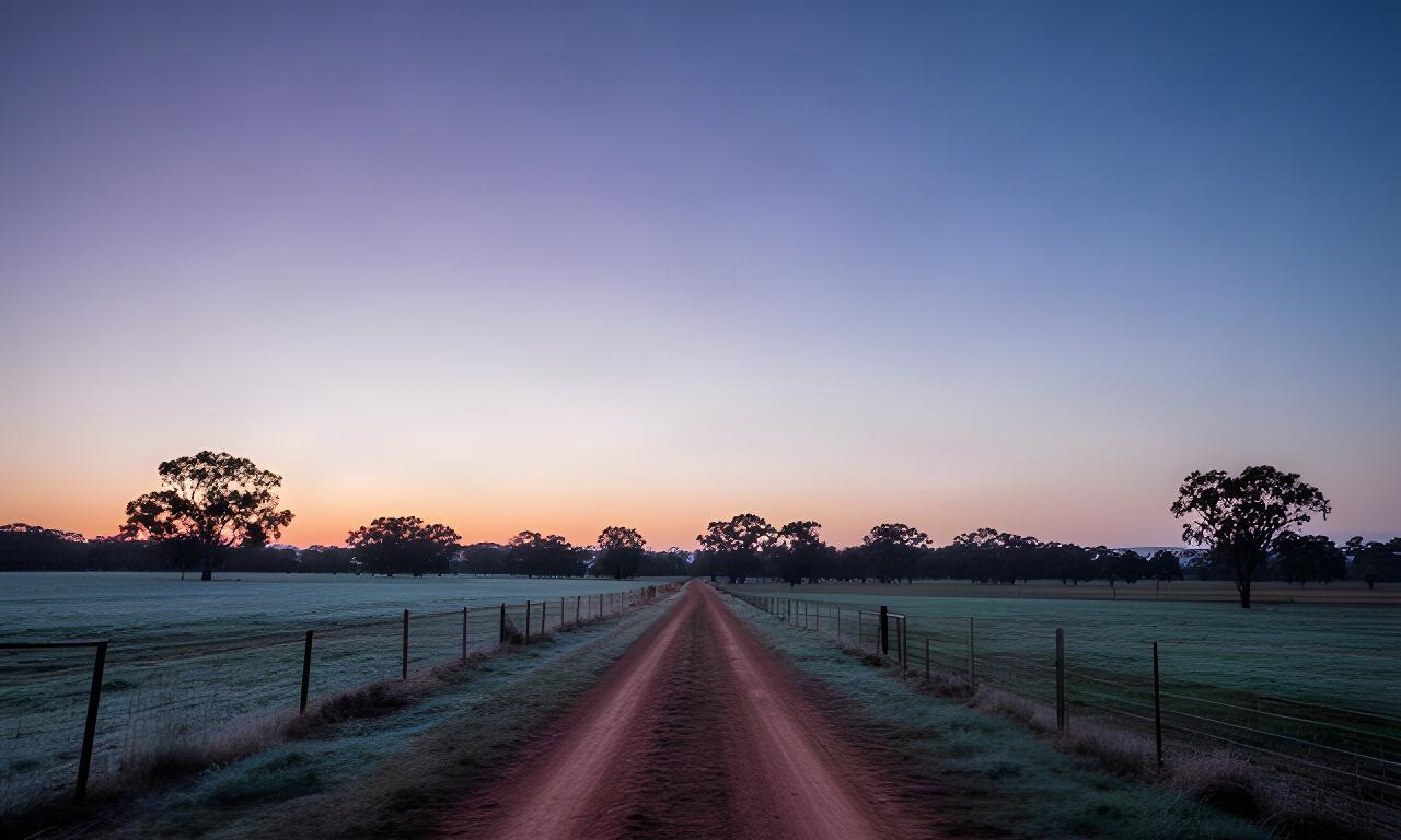 Open Riverina paddocks and a quiet farm track at dusk beneath a broad evening sky