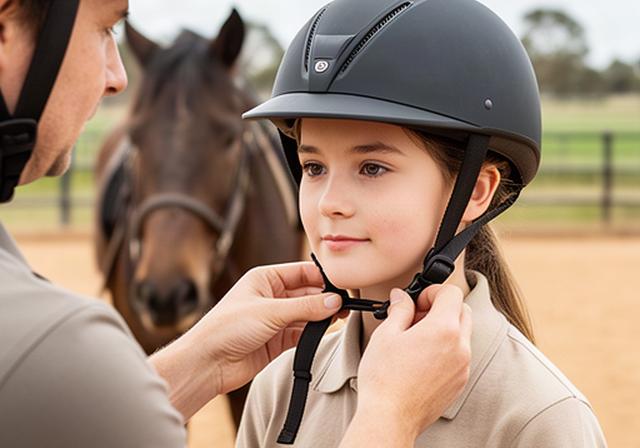 Riding helmet being checked for a beginner before a supervised horse lesson