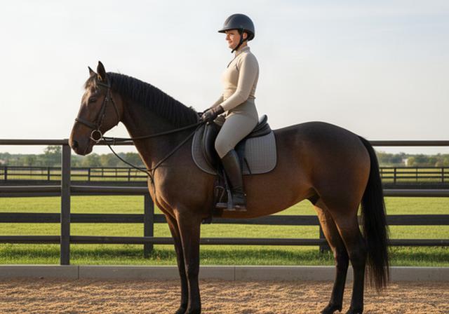 Adult beginner in a riding helmet practising a relaxed position beside a fenced arena