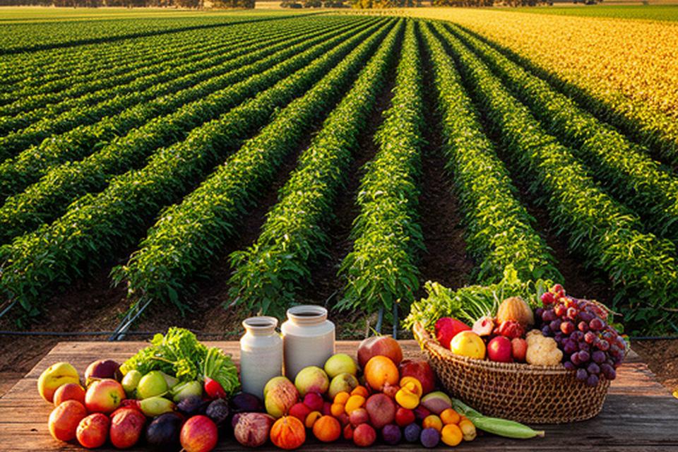 Riverina crop rows beside a rustic table with seasonal regional produce